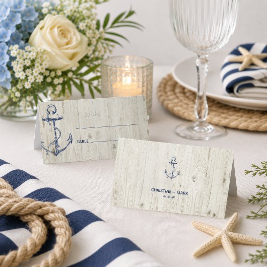 Navy Nautical Anchor Rustic Wood Platzkarte