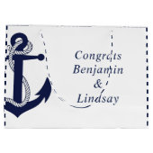 Navy Nautical Anchor Striped Wedding Große Geschenktüte (Rückseite)