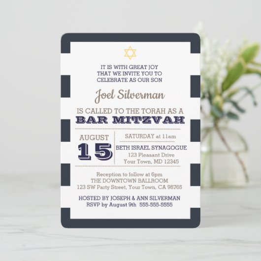 Navy Nautical Bar Mitzvah Einladung (Stehend Vorderseite)