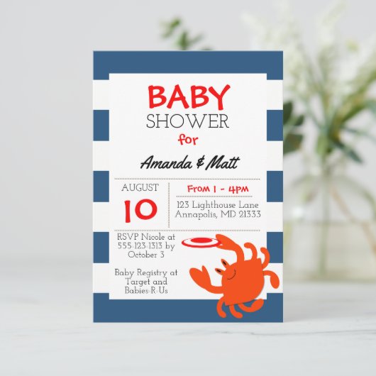 Navy Nautical Crab Baby Shower Einladung (Stehend Vorderseite)