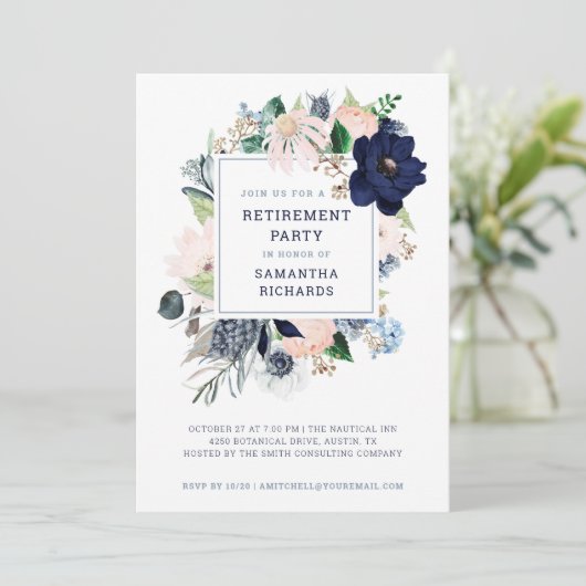 Navy Nautical Floral Strip| Party für die Altersve Einladung (Stehend Vorderseite)