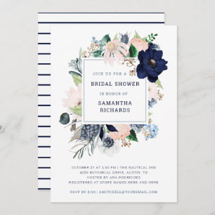 Navy Nautical Floral und Streifen  Brautparty Einladung