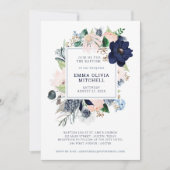 Navy Nautical Floral und Streifen| Taufe Einladung (Vorderseite)