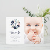 Navy Nautical Floral und Weiß| Foto Taufe Dankeskarte (Stehend Vorderseite)