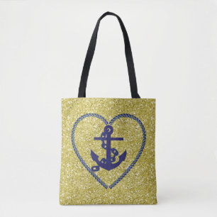 Navy Nautical Heart Anchor Gold Imitats Glitzer Tasche