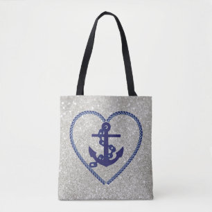 Navy Nautical Heart Anchor Silver Imitats Glitzer Tasche