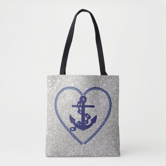 Navy Nautical Heart Anchor Silver Imitats Glitzer Tasche (Vorderseite)