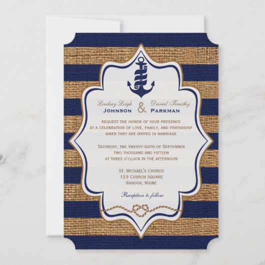 Navy Nautical, IMITATS Burlap Stripes Wedite Einla Einladung (Vorderseite)