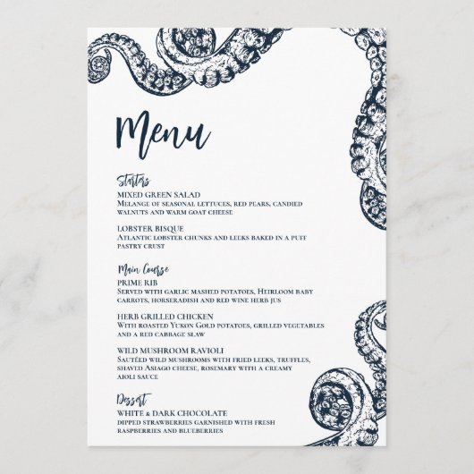 Navy Nautical Octopus Flat Wedding Menu Menükarte (Vorderseite)