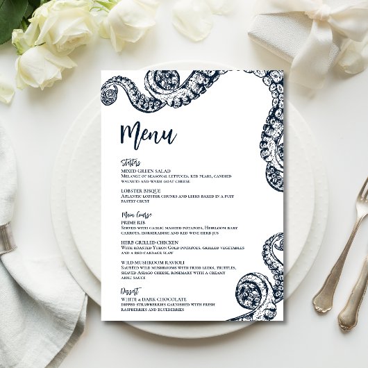 Navy Nautical Octopus Flat Wedding Menu Menükarte