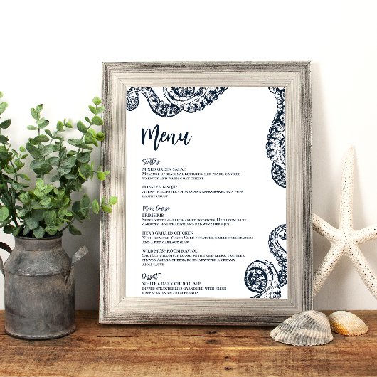 Navy Nautical Octopus Flat Wedding Menu Menükarte