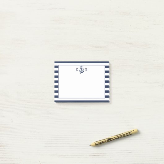 Navy Nautical Preppy Strip & Anchor Monogram Post-it Klebezettel (Auf Schreibtisch)