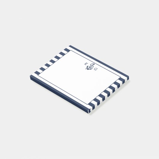 Navy Nautical Preppy Strip & Anchor Monogram Post-it Klebezettel (angewinkelt)