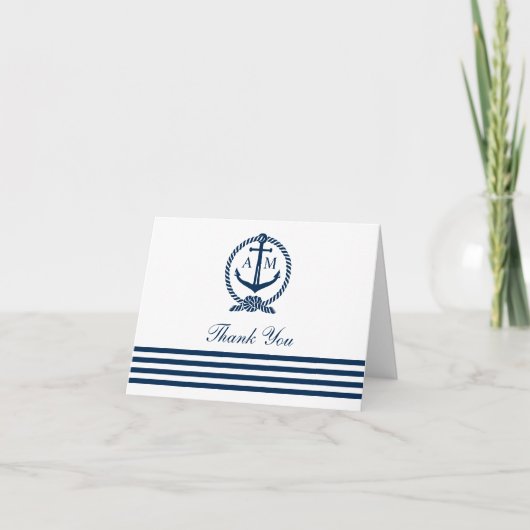 Navy Nautical Wedding Anchor Monogram White Dankeskarte (Vorderseite)