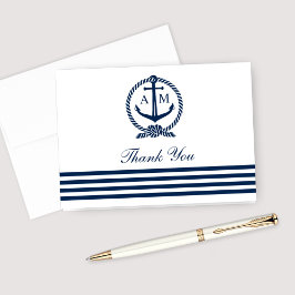 Navy Nautical Wedding Anchor Monogram White Dankeskarte