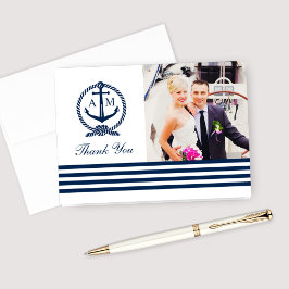 Navy Nautical Wedding Monogram Foto Dankeskarte