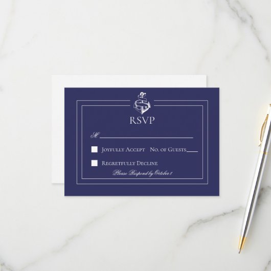 Navy Nautical Wedding RSVP Karte (Vorderseite/Rückseite Beispiel)