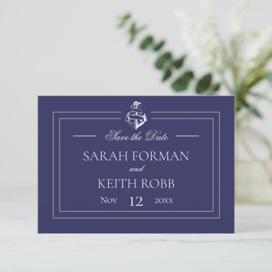 Navy Nautical Wedding Save The Date (Stehend Vorderseite)
