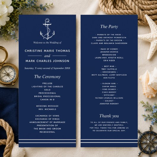 Navy Nautical White Anchor Hochzeit Programm