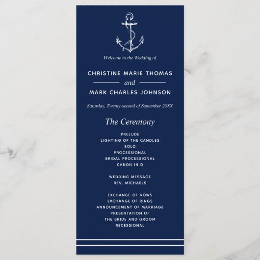 Navy Nautical White Anchor Hochzeit Programm (Vorderseite)