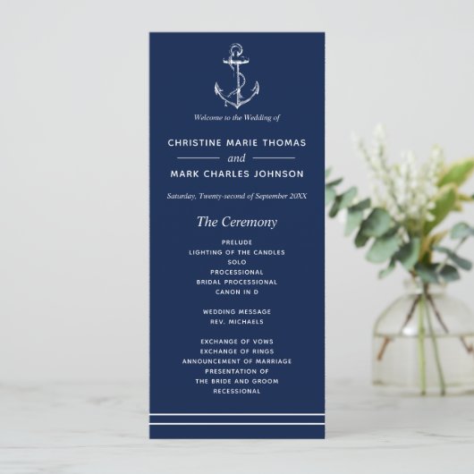 Navy Nautical White Anchor Hochzeit Programm (Stehend Vorderseite)