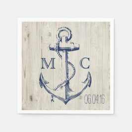 Navy Nautical White Anchor Rustic Wood Monogram Serviette