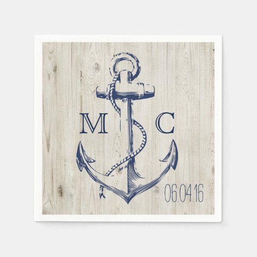 Navy Nautical White Anchor Rustic Wood Monogram Serviette (Vorderseite)