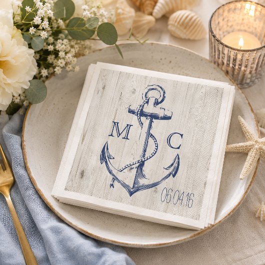 Navy Nautical White Anchor Rustic Wood Monogram Serviette