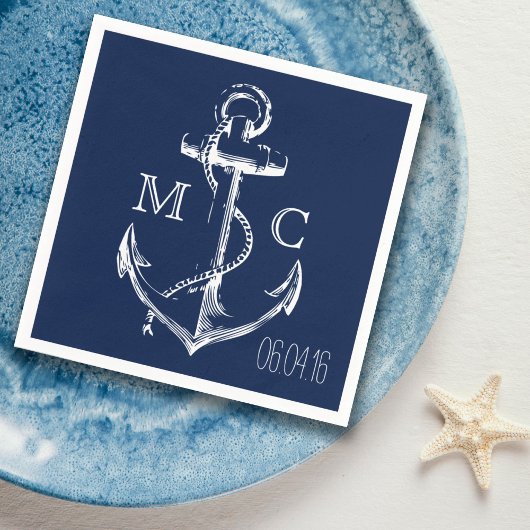 Navy Nautical White Anchor Serviette