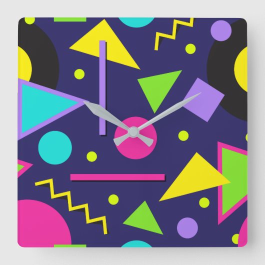 Navy Neon Abstrakt Square Wall Clock Quadratische Wanduhr (Vorderseite)