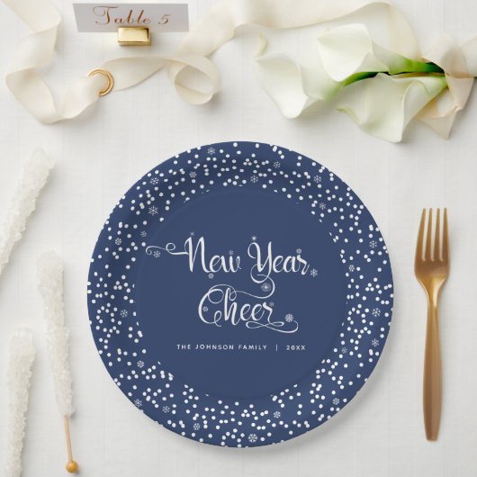 Navy New Year Cheer White Snowflake Script Elegant Pappteller (Hochzeit)