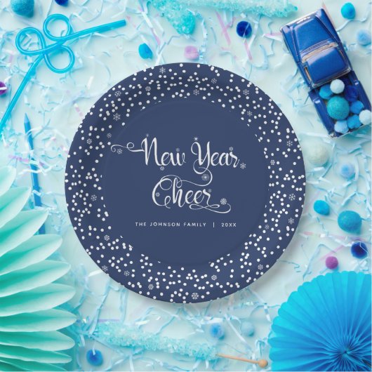 Navy New Year Cheer White Snowflake Script Elegant Pappteller (Party)