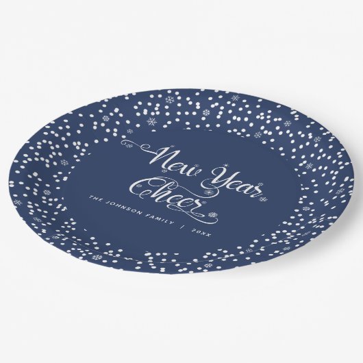 Navy New Year Cheer White Snowflake Script Elegant Pappteller (Schrägansicht)
