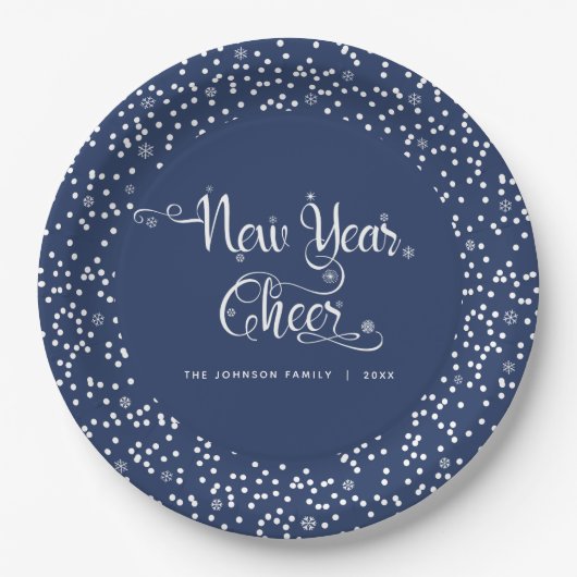 Navy New Year Cheer White Snowflake Script Elegant Pappteller (Vorderseite)