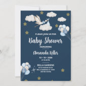 Navy Night Sky Stork Baby Dusche Einladung (Vorderseite)