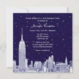 Navy NYC Skyline Etch Starry DIY BG Sweet 16 SQ #2 Einladung