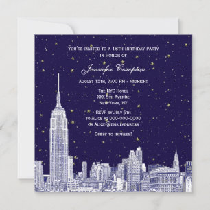 Navy NYC Skyline Etch Stern DIY BG Sweet 16 SQ #2 Einladung