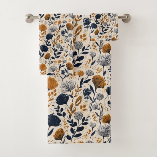 Navy & Ochre Botanical Towel Badhandtuch Set (Insitu)