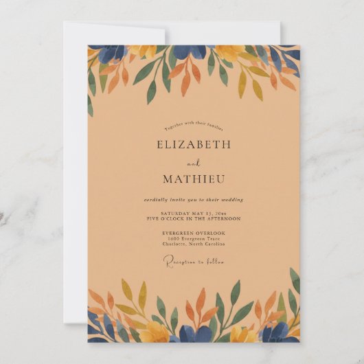 Navy-Ocker-Laub-Eukalyptus-Hochzeit Einladung (Vorderseite)