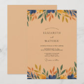 Navy-Ocker-Laub-Eukalyptus-Hochzeit Einladung (Vorne/Hinten)