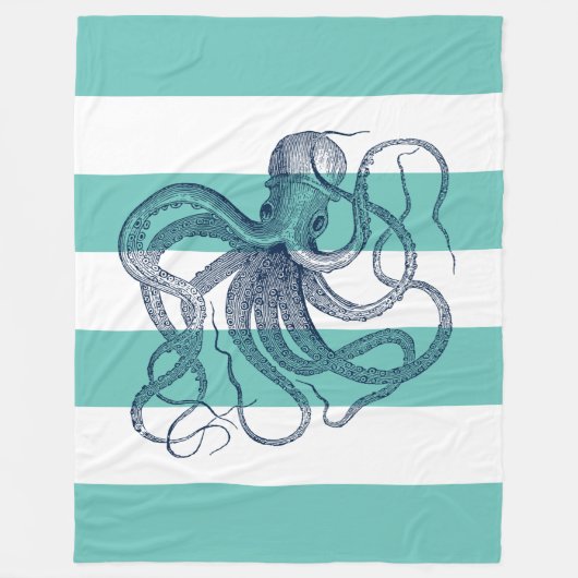 Navy Oktopus auf weißen und türkisfarbenen Streife Fleecedecke (Vorderseite)