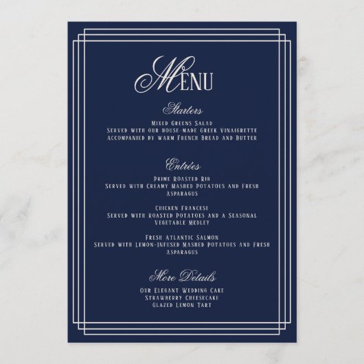 Navy Old Money Wedding Menu Card Einladung (Vorderseite)