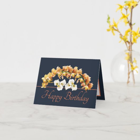 Navy Orange Bouquet Orchids Lilies Happy Birthday Karte (Gelbe Blume)