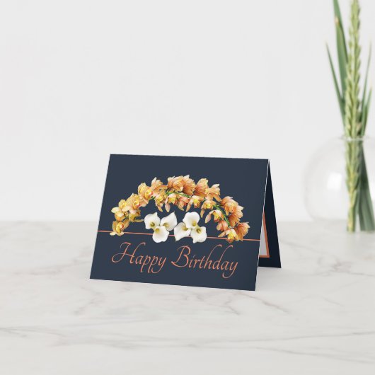 Navy Orange Bouquet Orchids Lilies Happy Birthday Karte (Vorderseite)