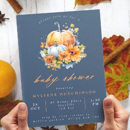 Navy & Orange Floral Pumpkin Baby Dusche Einladung