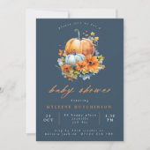 Navy & Orange Floral Pumpkin Baby Dusche Einladung (Vorderseite)