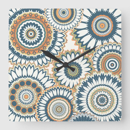 Navy Orange Multi-Mandala Design Quadratische Wanduhr (Vorderseite)