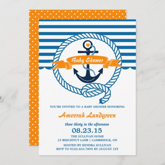 Navy & Orange Nautical Baby Shower Einladung (Vorne/Hinten)