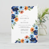 Navy Orange Painterly Bloom Wedding Einladung (Stehend Vorderseite)
