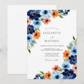 Navy Orange Painterly Bloom Wedding Einladung (Vorne/Hinten)